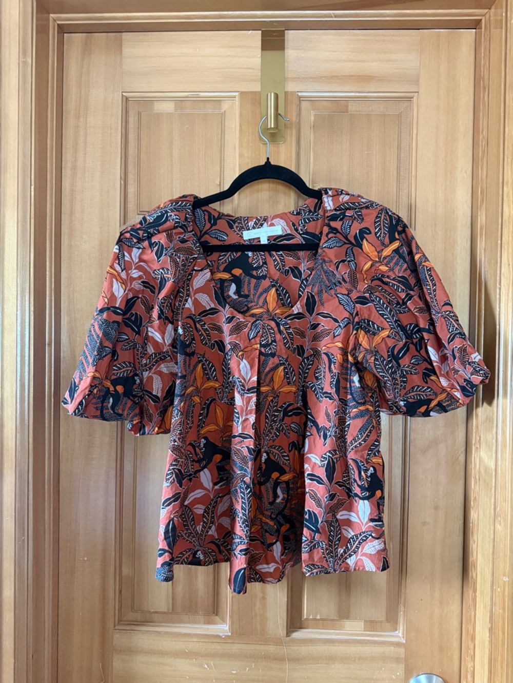 Corey Lynn Calter Rust Botanical Puff-Sleeve Blouse
